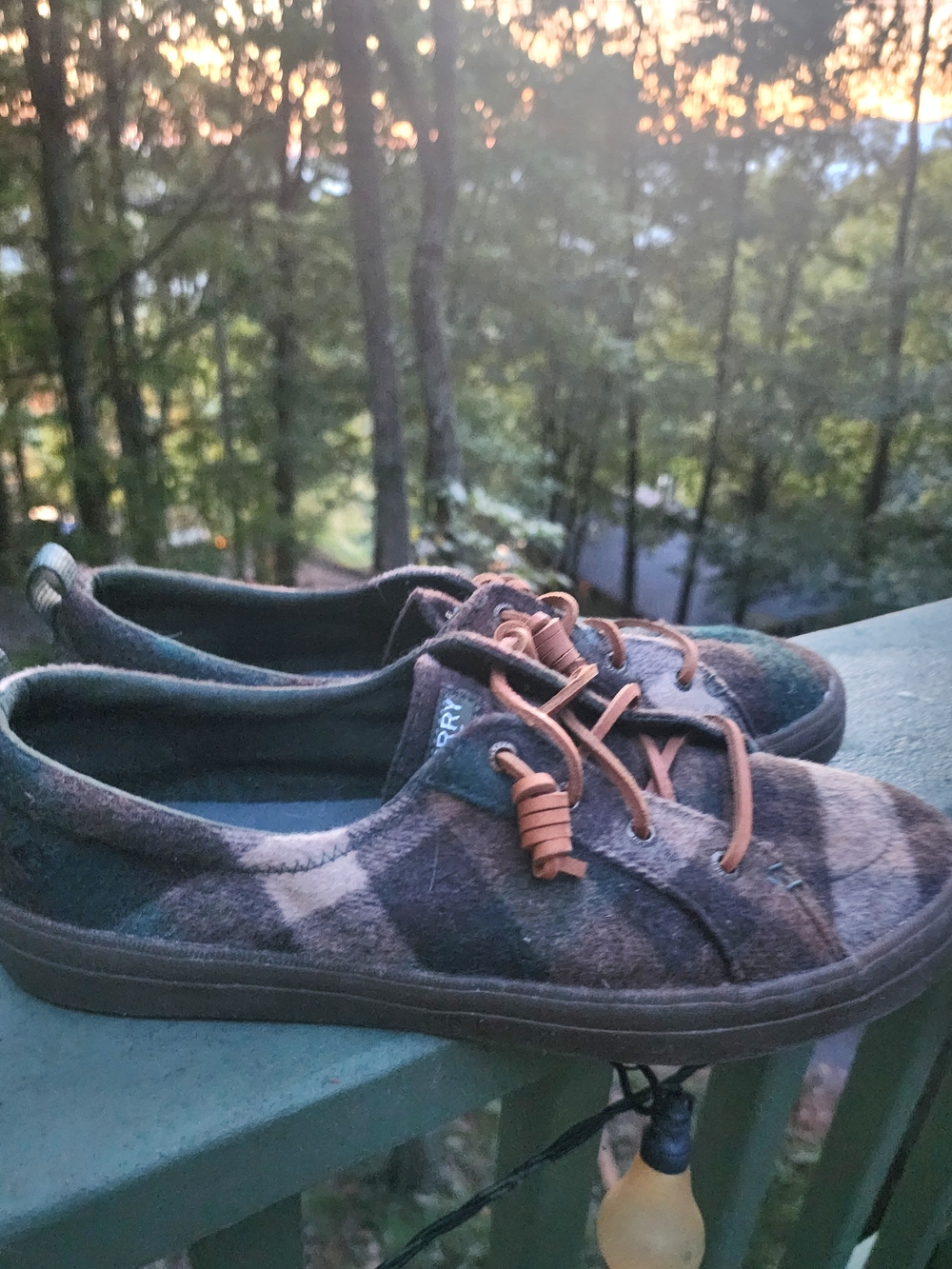 Sperry Women's Plaid Wool Blend Slip Ons- Brown/Green